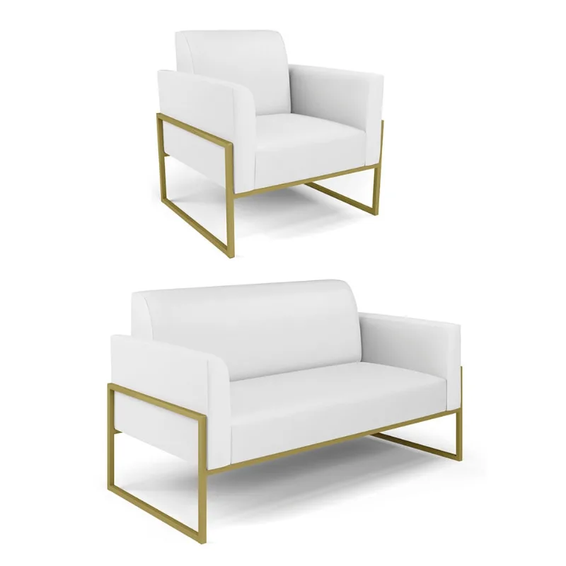 Sofá Namoradeira com Poltrona Base Industrial Alta Dourado Marisa Corino D03 - D'Rossi Branco