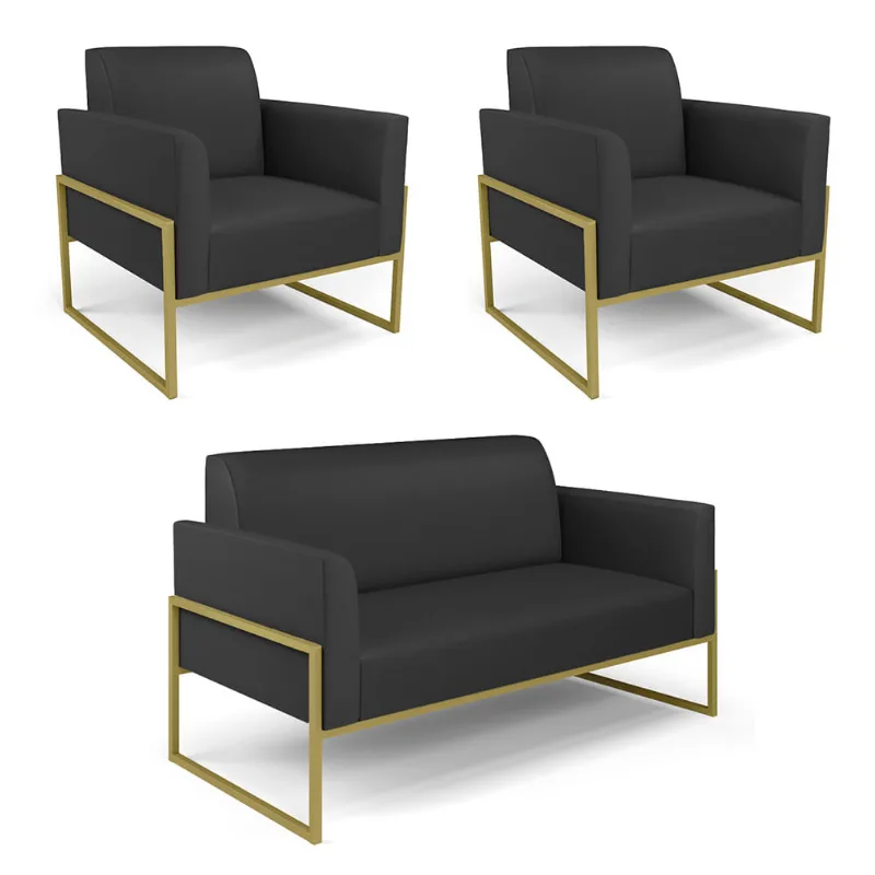 Sofá Namoradeira com 2 Poltronas Base Industrial Alta Dourado Marisa Corino D03 - D'Rossi Preto