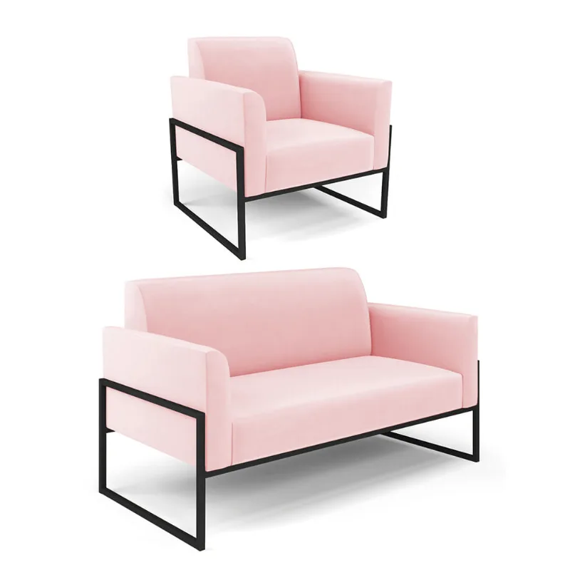 Sofá Namoradeira com Poltrona Base Industrial Alta Preto Marisa Suede D03 - D'Rossi Rosa Bebê