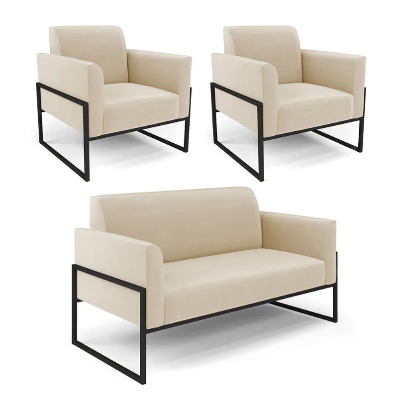 Sofá Namoradeira com 2 Poltronas Base Industrial Alta Preto Marisa Suede D03 - D'Rossi Azul Turquesa