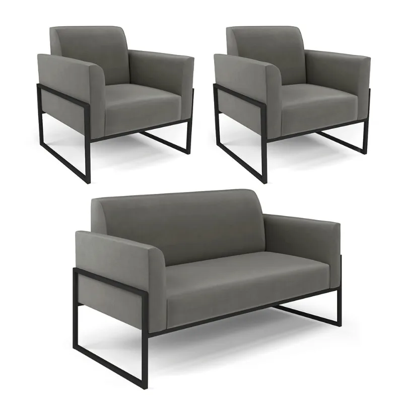 Sofá Namoradeira com 2 Poltronas Base Industrial Alta Preto Marisa Suede D03 - D'Rossi Grafite