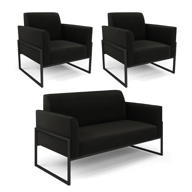 Sofá Namoradeira com 2 Poltronas Base Industrial Alta Preto Marisa Suede D03 - D'Rossi Preto