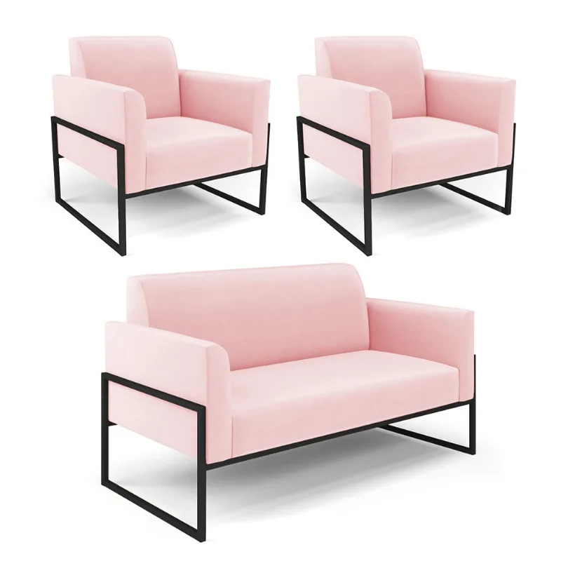 Sofá Namoradeira com 2 Poltronas Base Industrial Alta Preto Marisa Suede D03 - D'Rossi Rosa Bebê