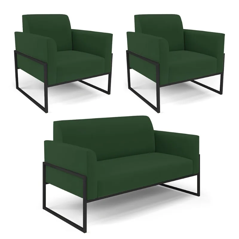Sofá Namoradeira com 2 Poltronas Base Industrial Alta Preto Marisa Veludo D03 - D'Rossi Verde