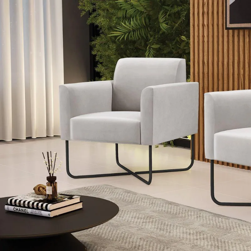 Poltrona Base X Industrial Preto Marisa Veludo Cinza