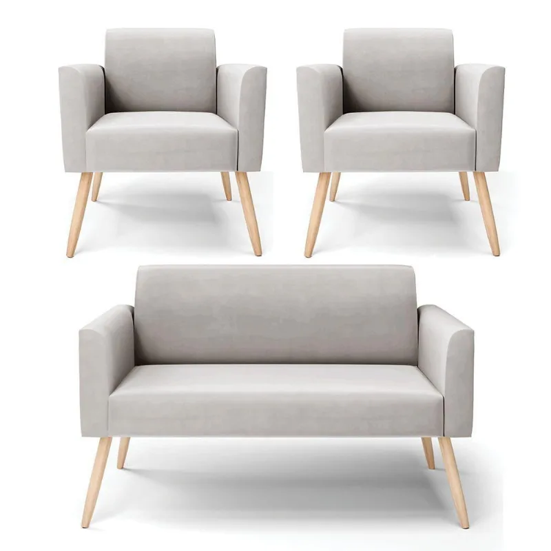 Sofá Namoradeira Com 2 Poltronas Pés Palito Natural Marisa Veludo D03 - D\'rossi Cor Cinza