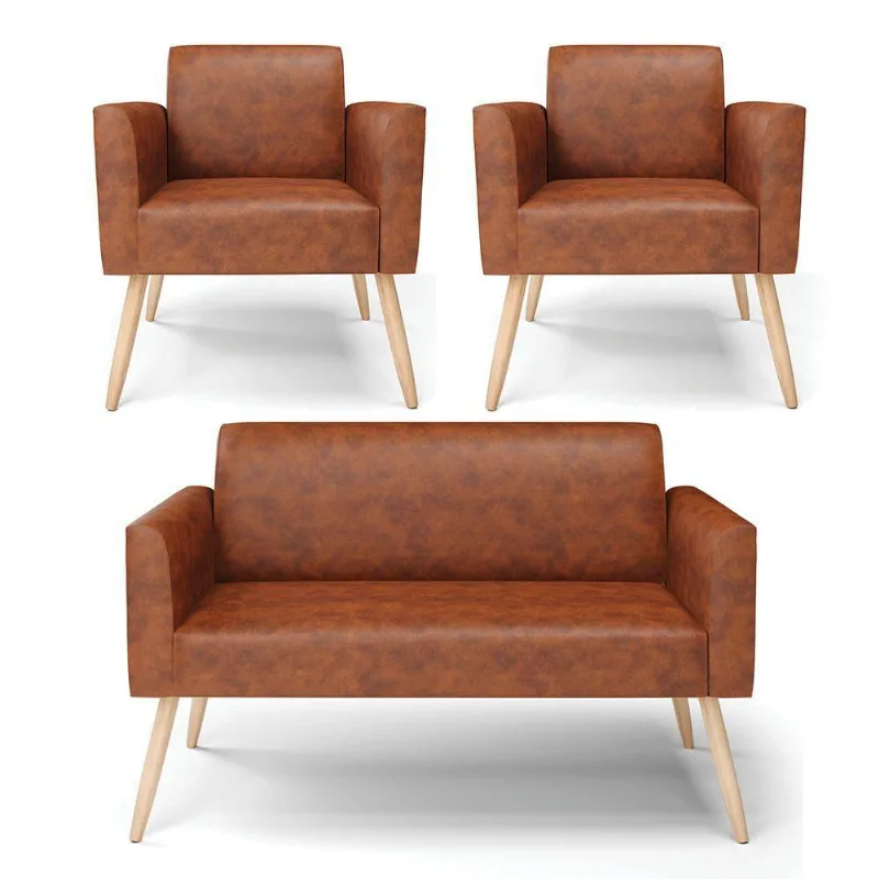 Sofá Namoradeira Com 2 Poltronas Pés Palito Natural Marisa Corano D03 - D\'rossi Cor Nozes