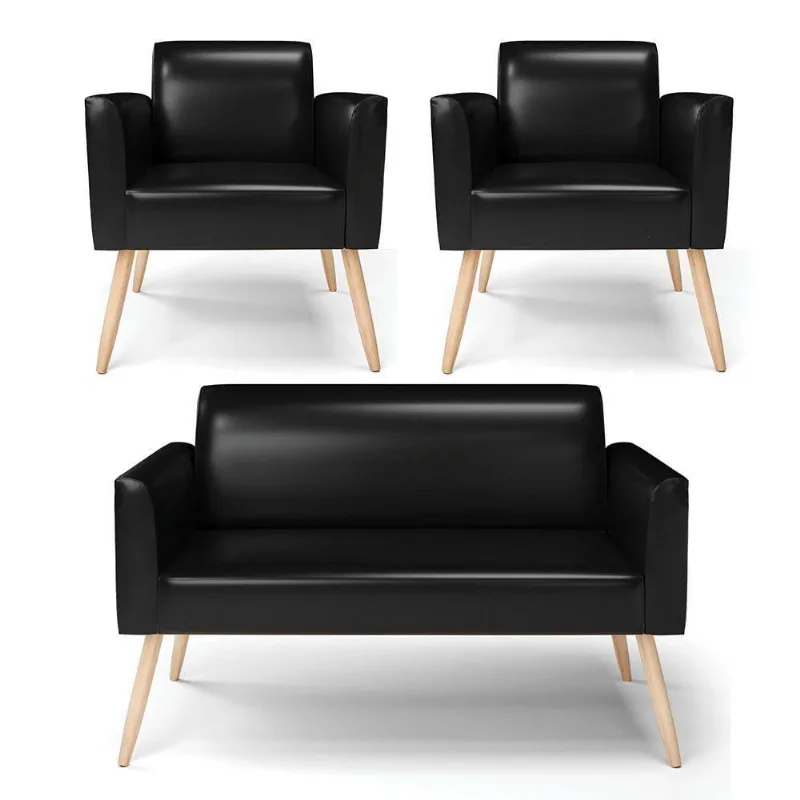 Sofá Namoradeira Com 2 Poltronas Pés Palito Natural Marisa Corano D03 - D\'rossi Cor Preto