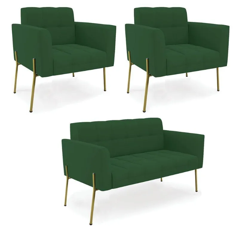 Sofá Namoradeira E 2 Poltronas Pé De Ferro Dourado Elisa Veludo D03 - D'rossi Cor Verde