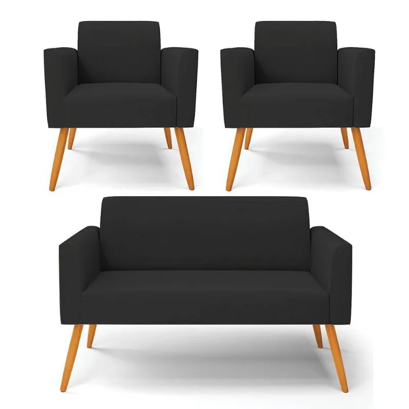 Sofá Namoradeira Com 2 Poltronas Pés Palito Castanho Marisa Veludo D03 - D\'rossi Cor Preto