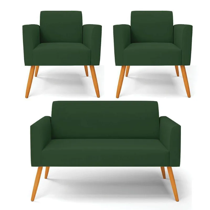 Sofá Namoradeira Com 2 Poltronas Pés Palito Castanho Marisa Veludo D03 - D\'rossi Cor Verde