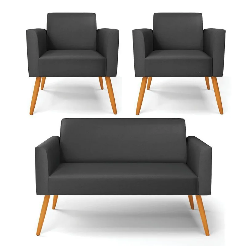 Sofá Namoradeira Com 2 Poltronas Pés Palito Castanho Marisa Corino D03 - D\'rossi Cor Preto