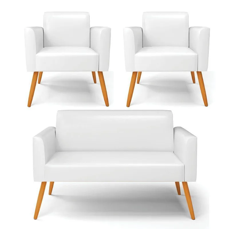 Sofá Namoradeira Com 2 Poltronas Pés Palito Castanho Marisa Corano D03 - D\'rossi Cor Branco