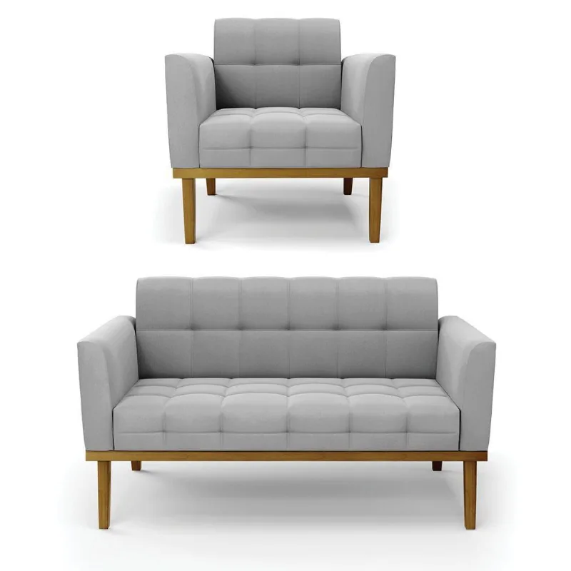Namoradeira Com Poltrona Base De Madeira Castanho Elisa Suede Cinza D03 - D'rossi