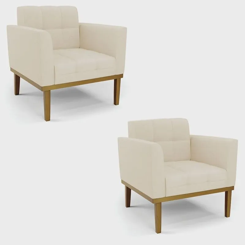 Poltrona Base de Madeira Fixa Castanho Kit 2 Elisa Linho Bege A19 D03 - D'Rossi