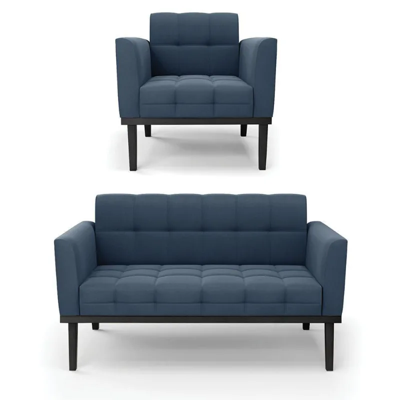 Sofá Namoradeira E Poltrona Base De Madeira Preto Elisa Suede Azul Marinho D03 - D'rossi