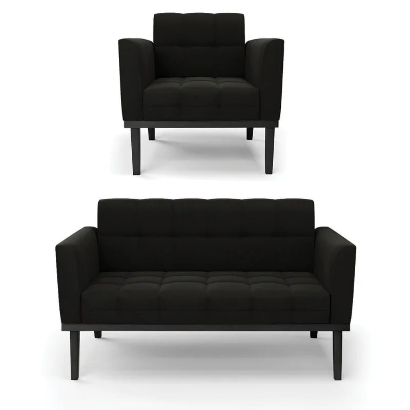 Sofá Namoradeira E Poltrona Base De Madeira Preto Elisa Suede Preto D03 - D'rossi