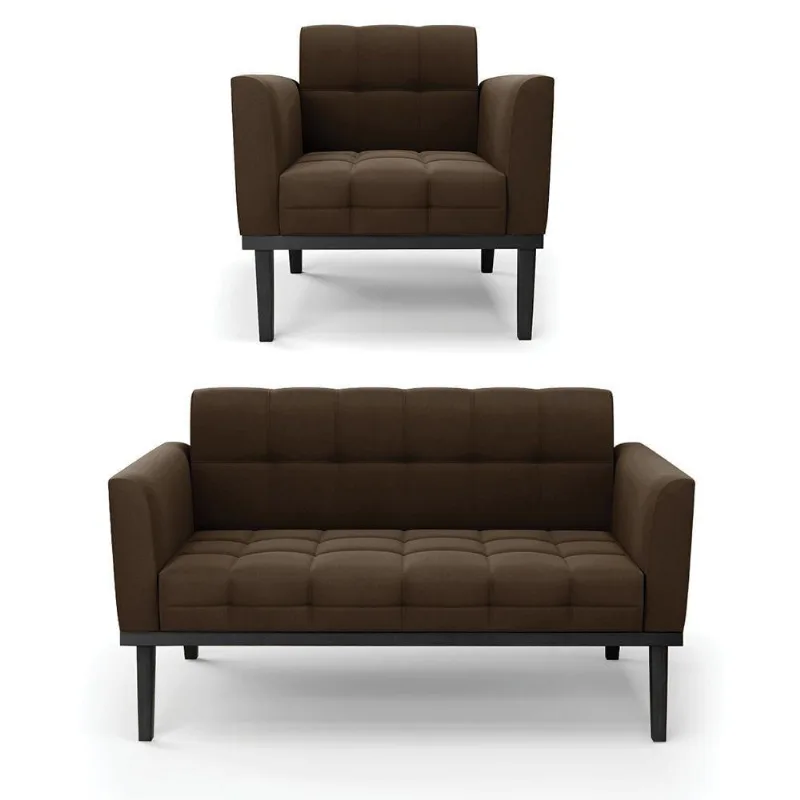 Sofá Namoradeira E Poltrona Base De Madeira Preto Elisa Suede D03 - D'rossi Cor Marrom