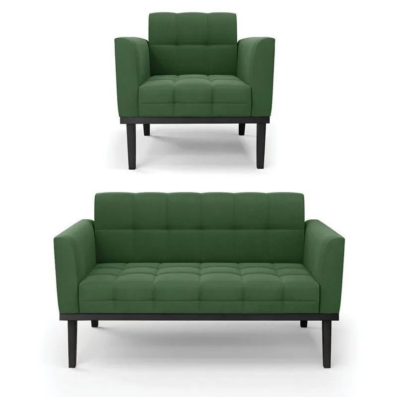 Sofá Namoradeira E Poltrona Base De Madeira Preto Elisa Suede D03 - D'rossi Cor Verde