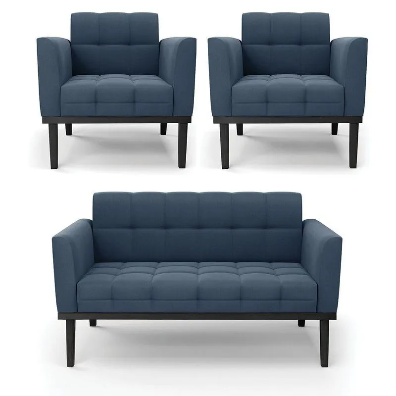 Sofá Namoradeira E 2 Poltronas Base De Madeira Preto Elisa Suede D03 - D'rossi Cor Azul Marinho