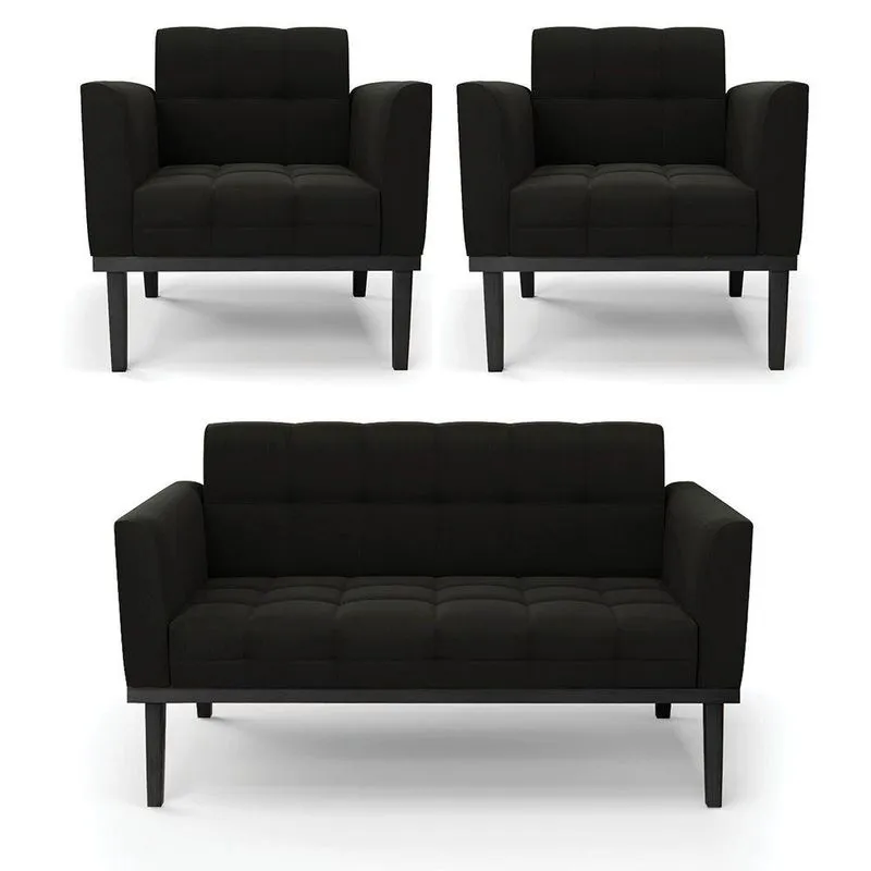 Sofá Namoradeira E 2 Poltronas Base De Madeira Preto Elisa Suede D03 - D'rossi Cor Preto