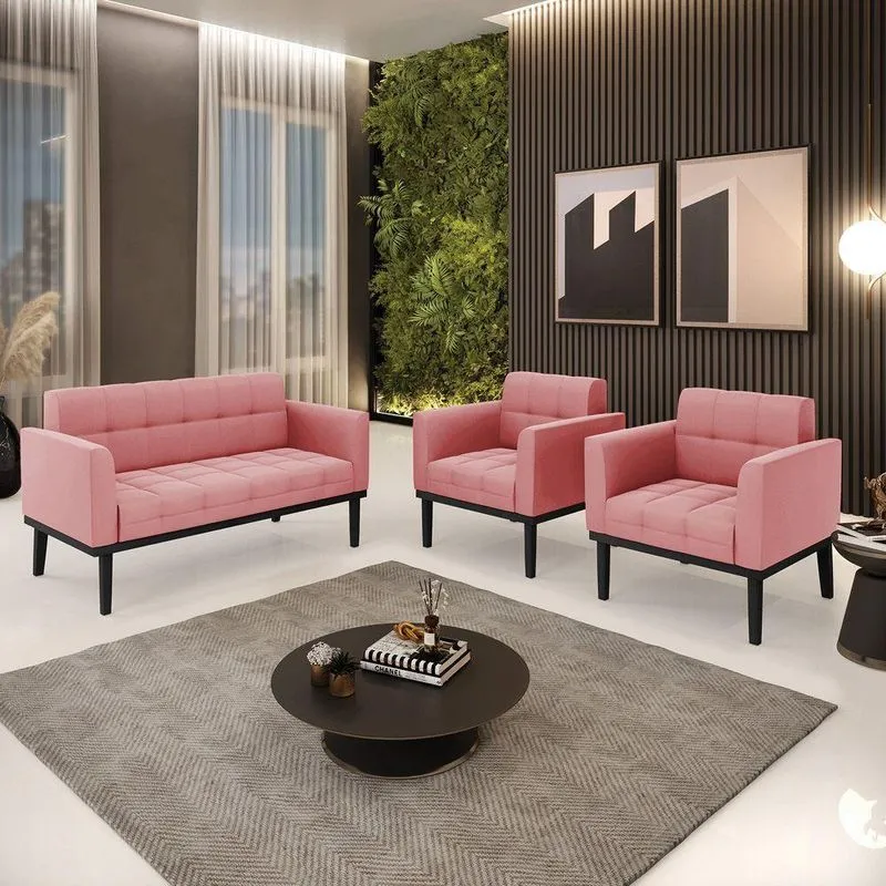 Sofá Namoradeira E 2 Poltronas Base De Madeira Preto Elisa Suede D03 - D'rossi Cor Rose