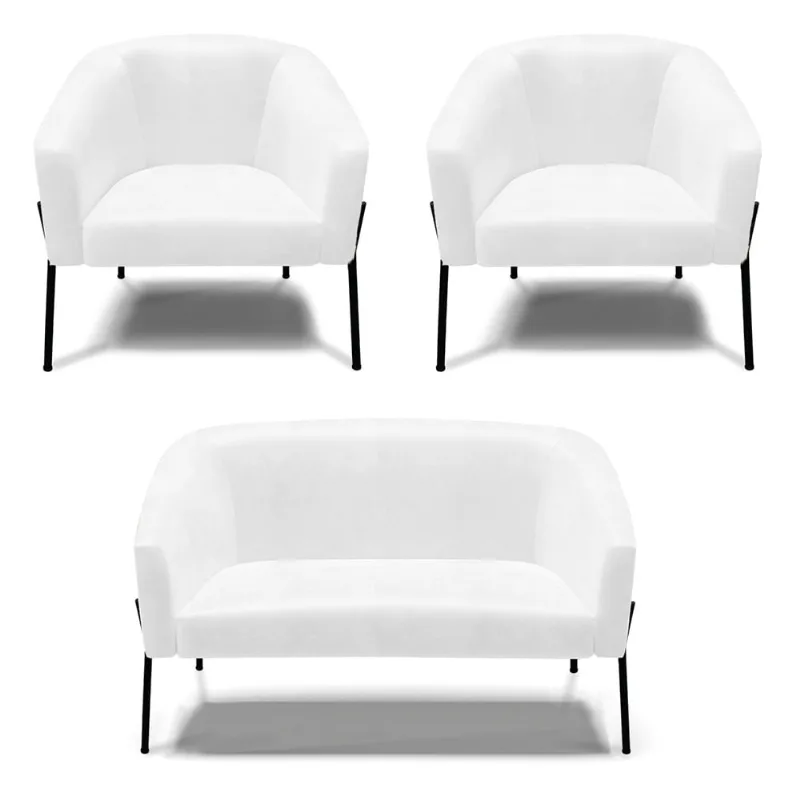 Namoradeira e 2 Poltronas Pé de Ferro Preto Stella Sintético PU D03 - D'Rossi Branco