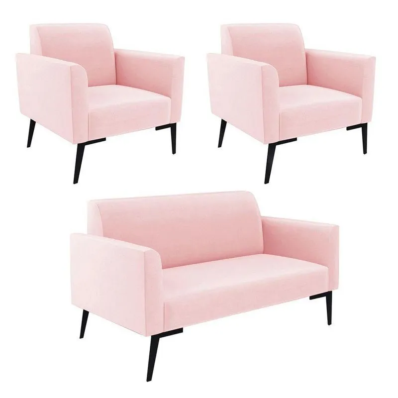 Sofá Namoradeira Com 2 Poltronas Pés Villach Marisa Suede Rosa Bebê D03 - D'rossi