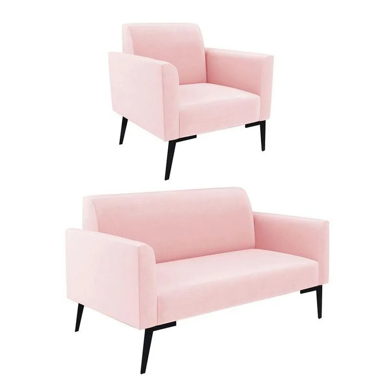 Sofá Namoradeira Com Poltrona Pés Villach Marisa Suede D03 - D\'rossi Cor Rosa Bebê