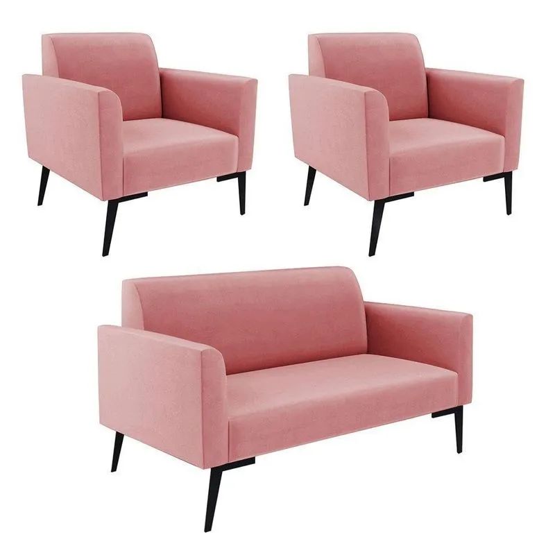 Sofá Namoradeira Com 2 Poltronas Pés Villach Marisa Suede D03 - D\'rossi Cor Rose