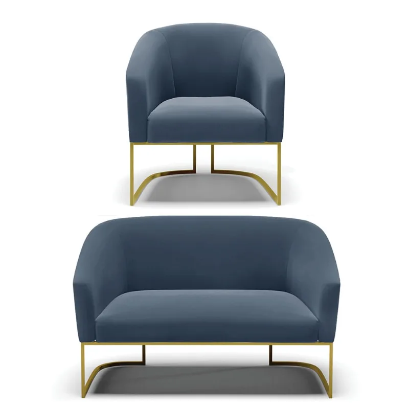 Sofá Namoradeira e Poltrona Industrial Dourado Stella Suede Azul M D03 - D'Rossi