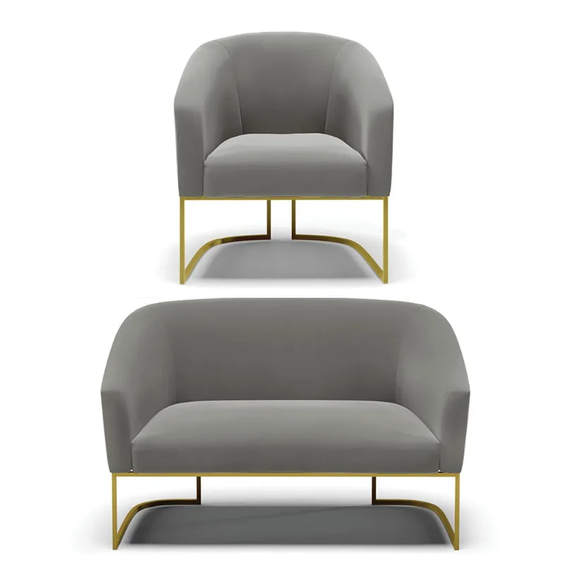 Sofá Namoradeira e Poltrona Industrial Dourado Stella Suede Grafite D03 - D'Rossi