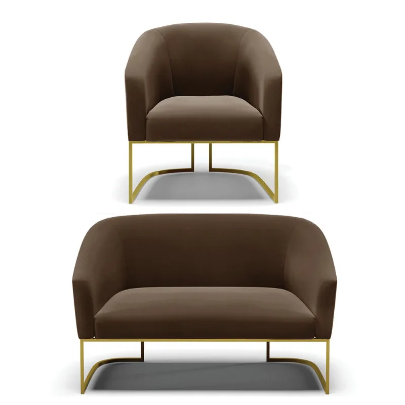 Sofá Namoradeira e Poltrona Industrial Dourado Stella Suede Marrom D03 - D'Rossi