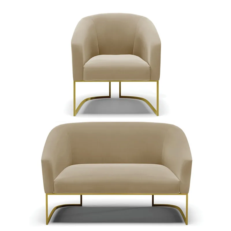 Sofá Namoradeira e Poltrona Industrial Dourado Stella Suede Marrom R D03 - D'Rossi