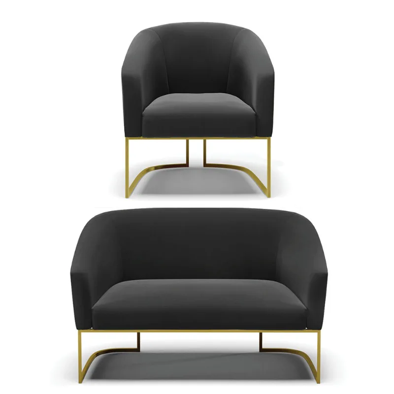 Sofá Namoradeira e Poltrona Industrial Dourado Stella Suede Preto D03 - D'Rossi