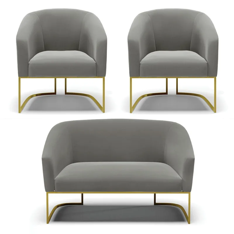 Namoradeira e 2 Poltronas Industrial Dourado Stella Suede Grafite D03 - D'Rossi