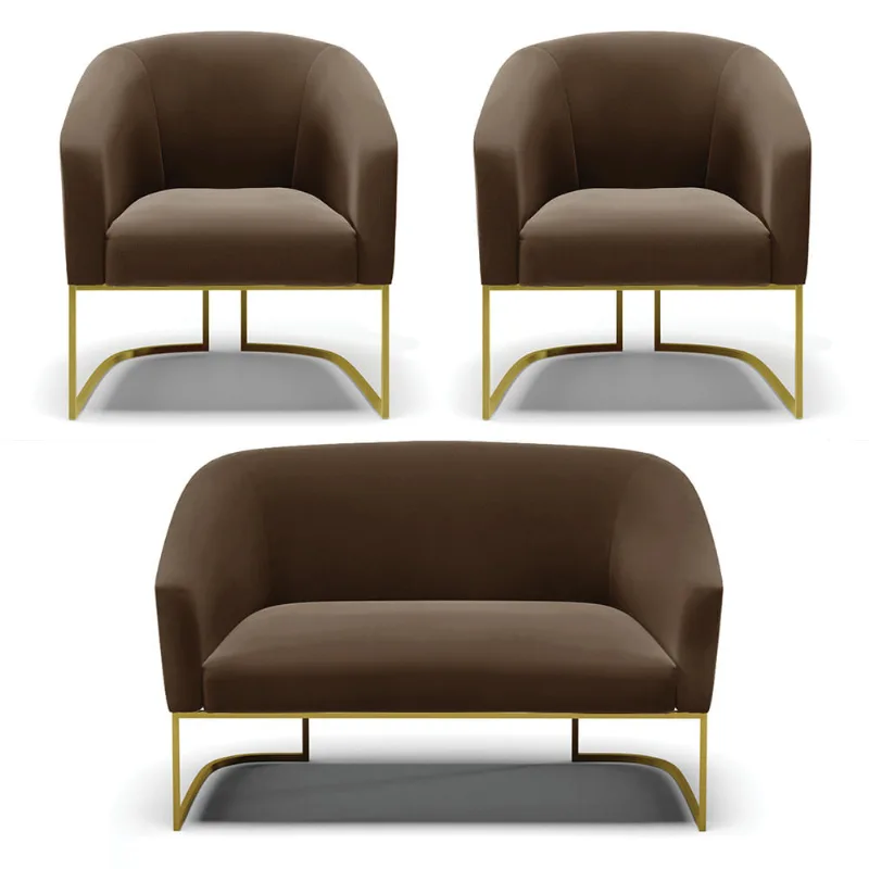 Namoradeira e 2 Poltronas Industrial Dourado Stella Suede Marrom D03 - D'Rossi