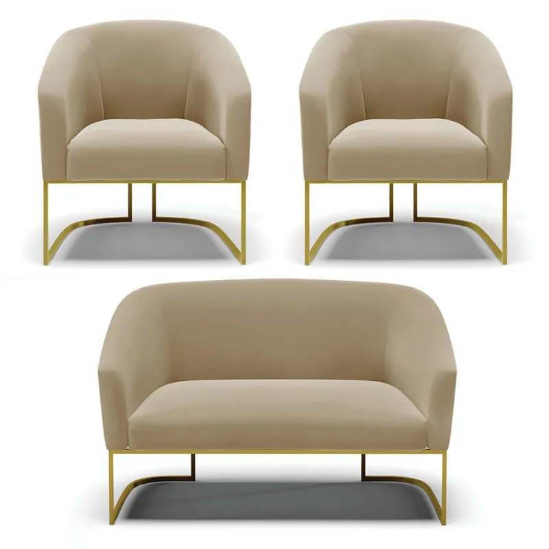 Namoradeira e 2 Poltronas Industrial Dourado Stella Suede Marrom R D03 - D'Rossi