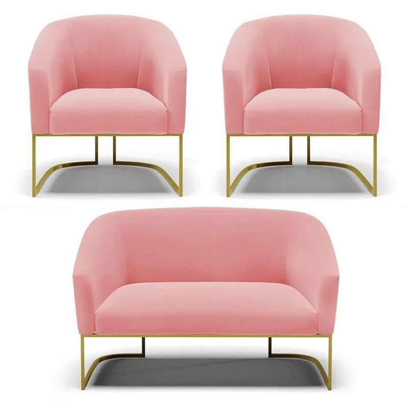 Namoradeira E 2 Poltronas Base Industrial Dourado Stella Suede Rosê D03 - D'rossi