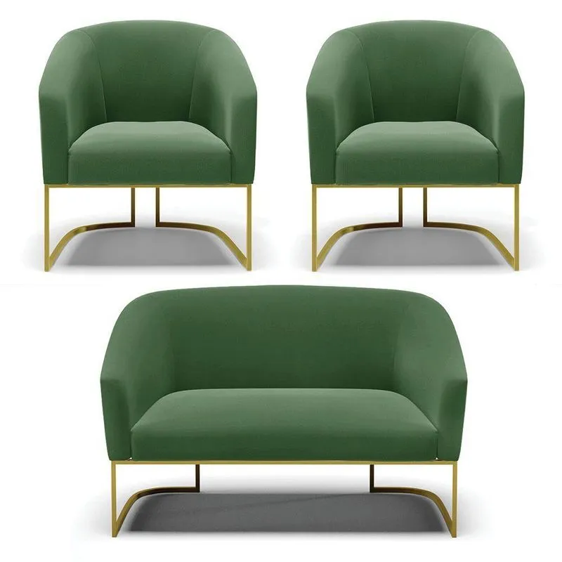 Namoradeira E 2 Poltronas Base Industrial Dourado Stella Suede Verde D03 - D'rossi