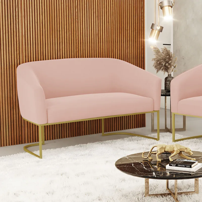 Sofá 2 Lugares Namoradeira Industrial Dourado Stella Veludo Rosê D03 - D'Rossi