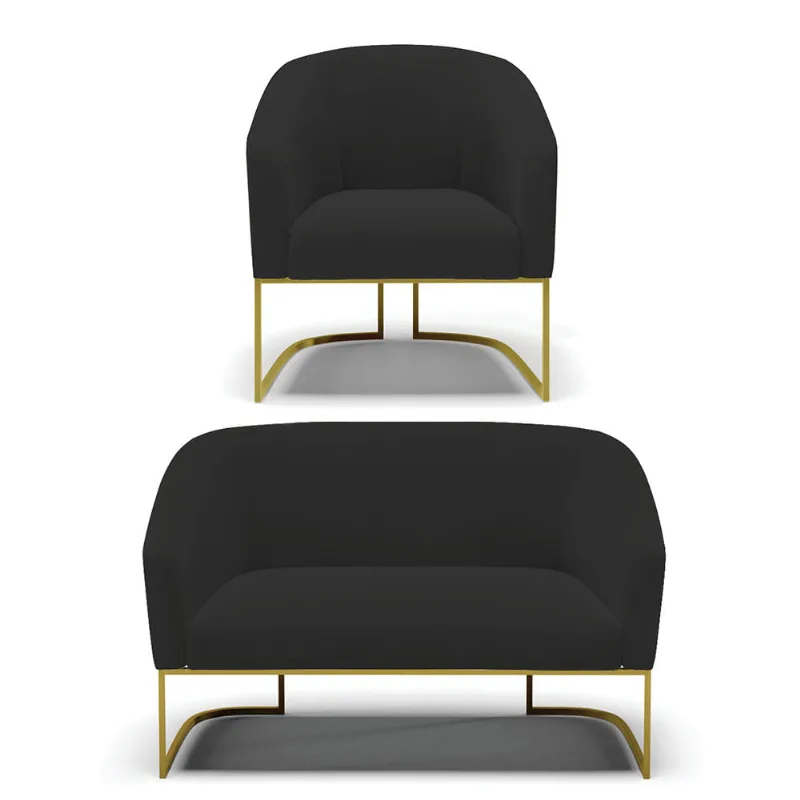 Sofá Namoradeira e Poltrona Industrial Dourado Stella Veludo Preto D03 - D'Rossi