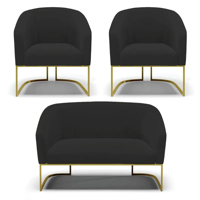 Namoradeira e 2 Poltronas Industrial Dourado Stella Veludo Preto D03 - D'Rossi