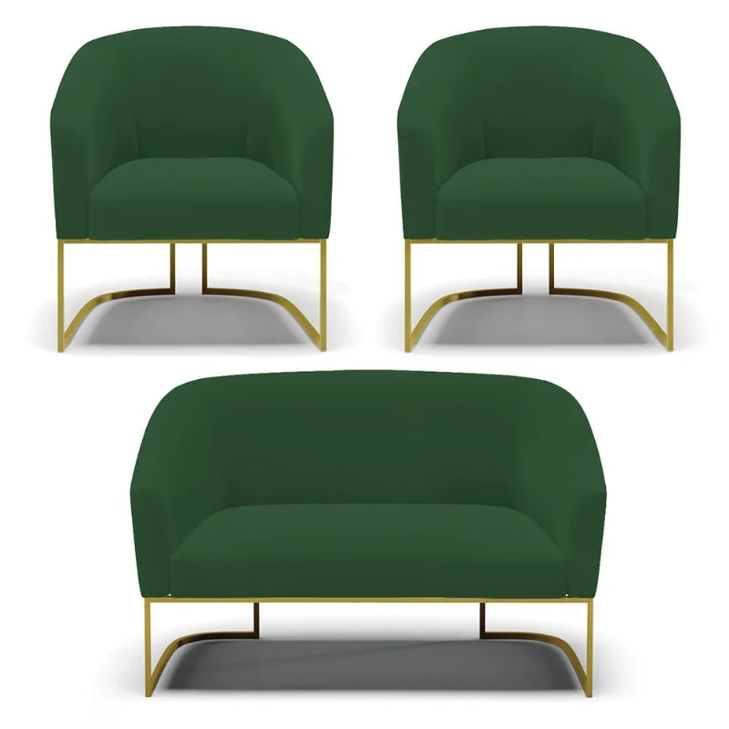 Namoradeira e 2 Poltronas Industrial Dourado Stella Veludo Verde D03 - D'Rossi