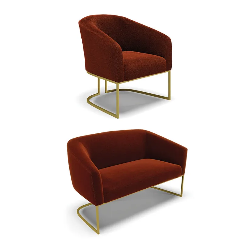 Sofá Namoradeira e Poltrona Industrial Dourado Stella Bouclê Terra D03 - D'Rossi