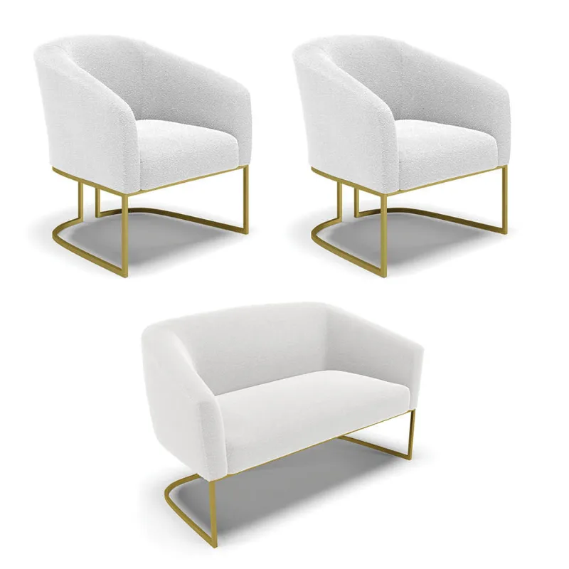 Namoradeira e 2 Poltronas Industrial Dourado Stella Bouclê Off Wte D03 - D'Rossi