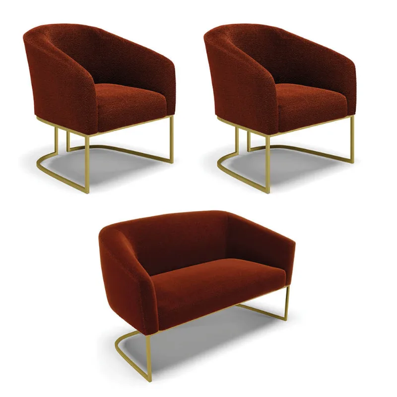 Namoradeira e 2 Poltronas Industrial Dourado Stella Bouclê Terra D03 - D'Rossi