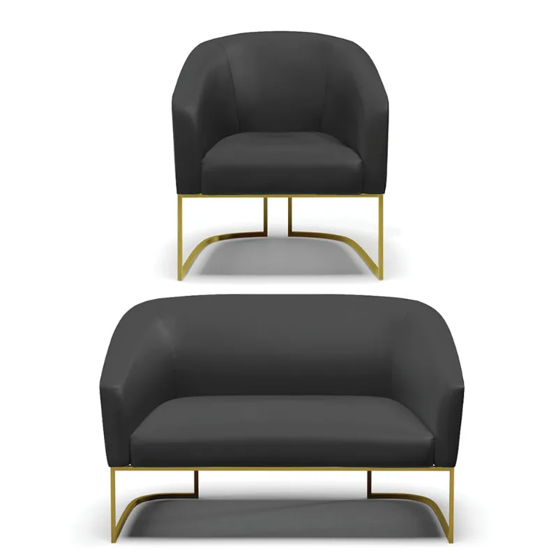 Sofá Namoradeira e Poltrona Industrial Dourado Stella Sint Preto D03 - D'Rossi