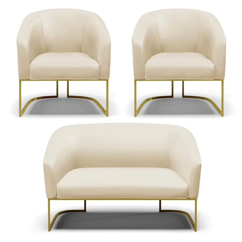 Namoradeira e 2 Poltronas Industrial Dourado Stella Sintético Bege D03 - D'Rossi