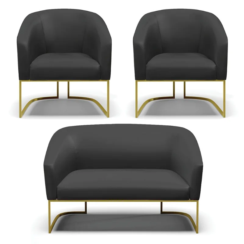Namoradeira e 2 Poltronas Industrial Dourado Stella Sintético Preto D03 - D'Rossi
